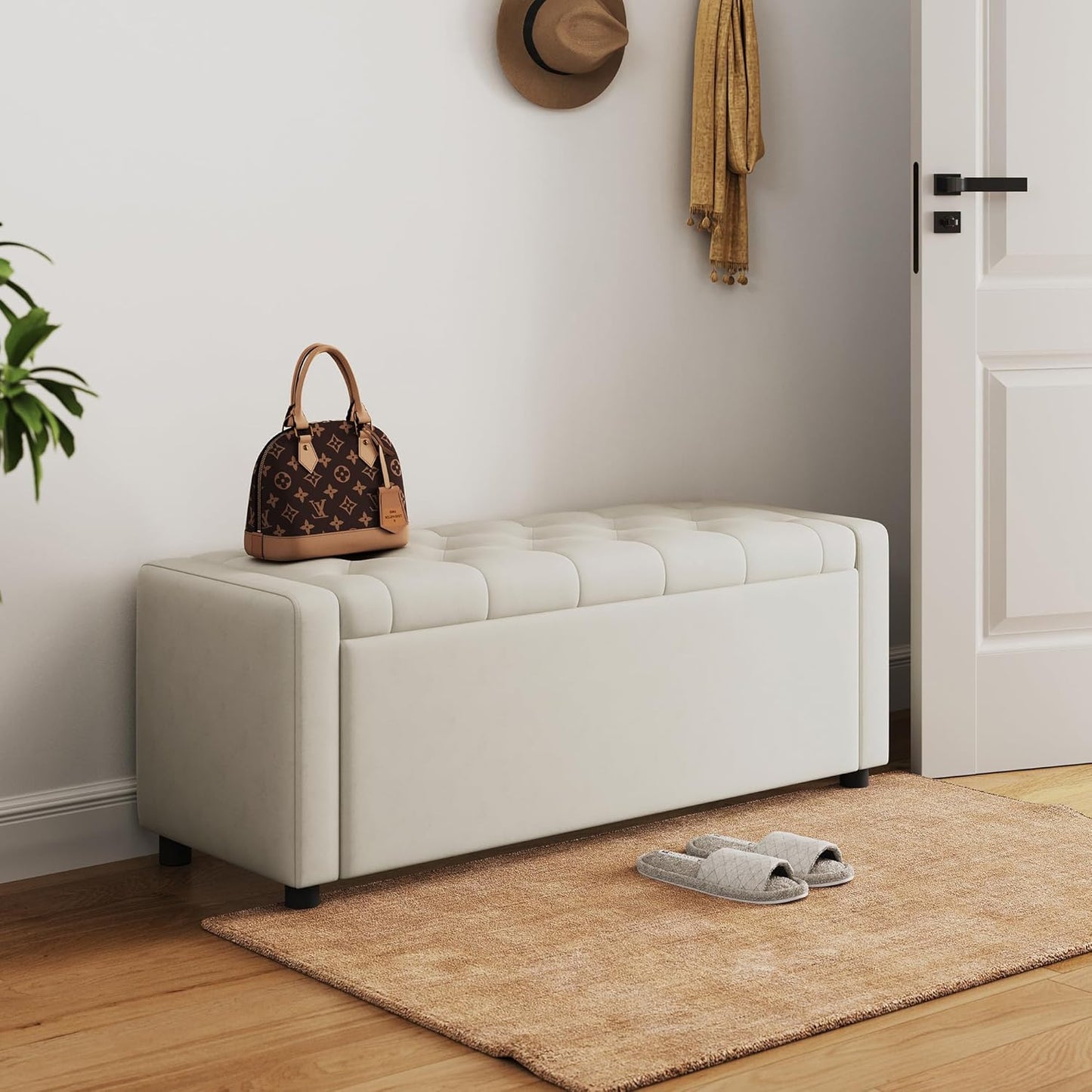 Modern Tufted Upholstered Storage Bench – Cream Fabric Ottoman Bench