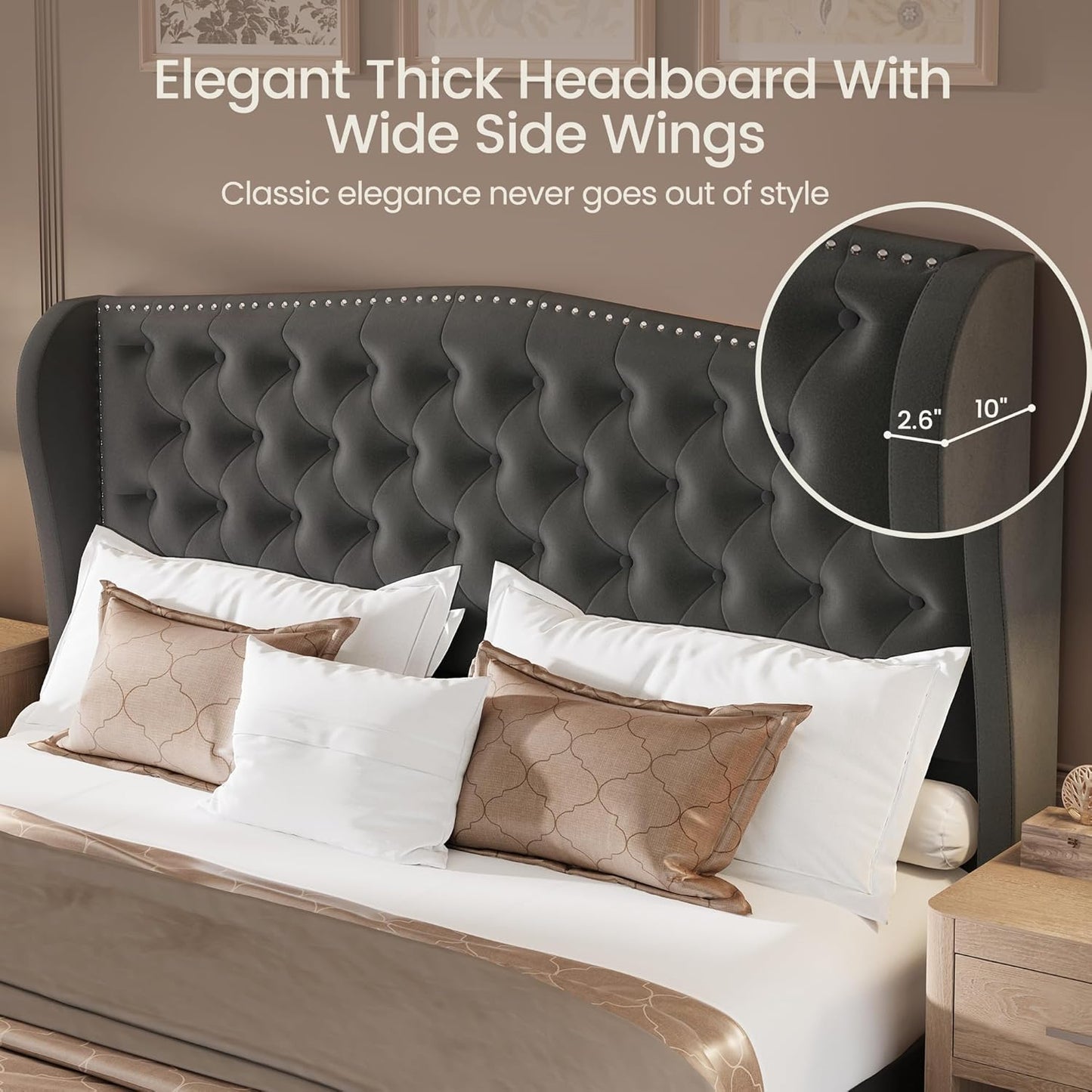 Modern Wingback Tufted Upholstered Queen Size Bed