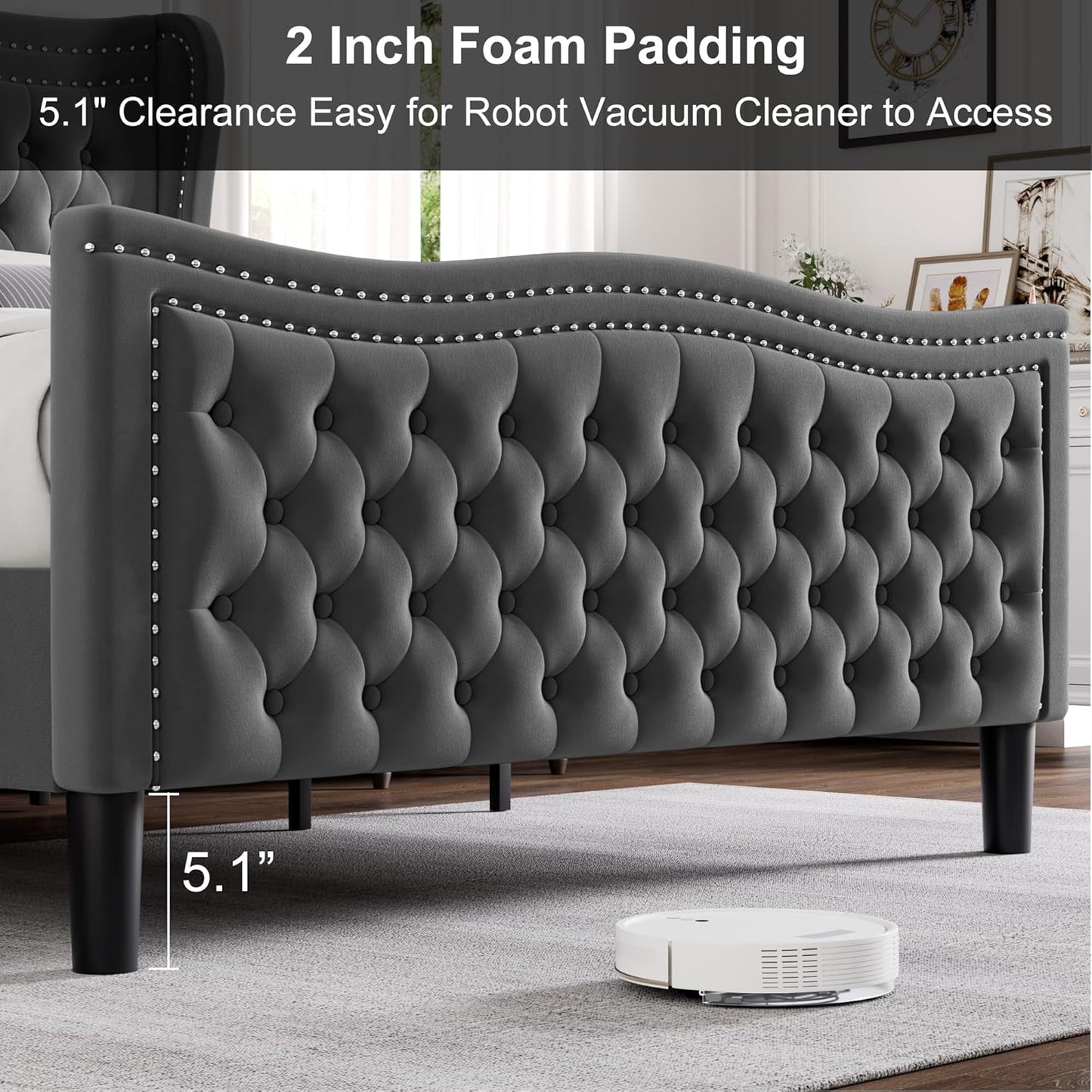 Luxury Upholstered Full Size Bed with Wingback Tufted Headboard