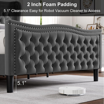 Luxury Upholstered Full Size Bed with Wingback Tufted Headboard