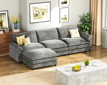 Modern L Shape Sectional Sofa Grey Fabric with Ottoman