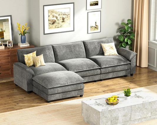 Modern L Shape Sectional Sofa Grey Fabric with Ottoman