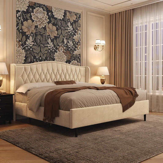 Luxury Upholstered King Size Bed with Tufted Headboard