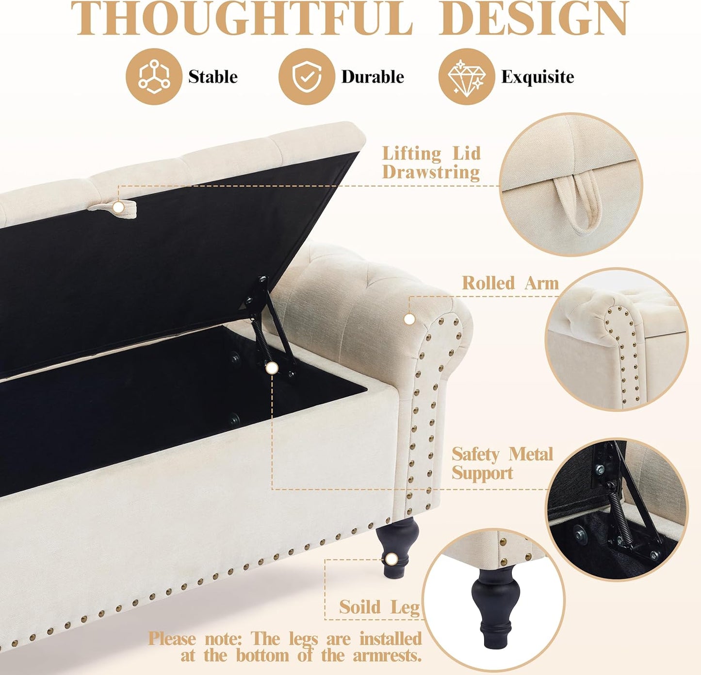 Classic Tufted Storage Bench with Armrests – Upholstered Ottoman Bench
