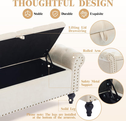 Classic Tufted Storage Bench with Armrests – Upholstered Ottoman Bench
