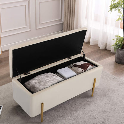 Modern Velvet Storage Bench with Gold Legs – Upholstered Ottoman Bench