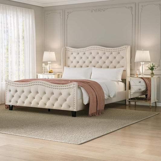 Luxury Upholstered Queen Size Bed with Tufted Wingback Headboard