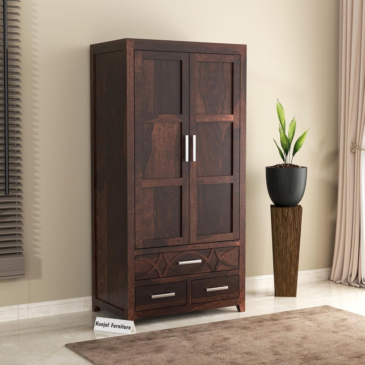 Solid Sheesham Wood 2 Door Wardrobe with 3 Drawer