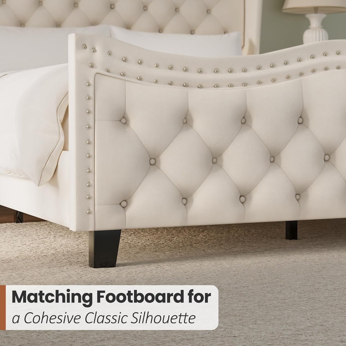 Luxury Upholstered Queen Size Bed with Tufted Wingback Headboard