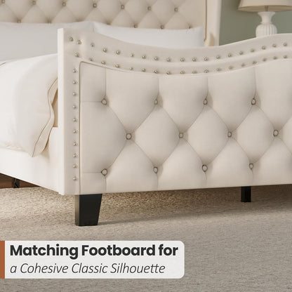 Luxury Upholstered Queen Size Bed with Tufted Wingback Headboard