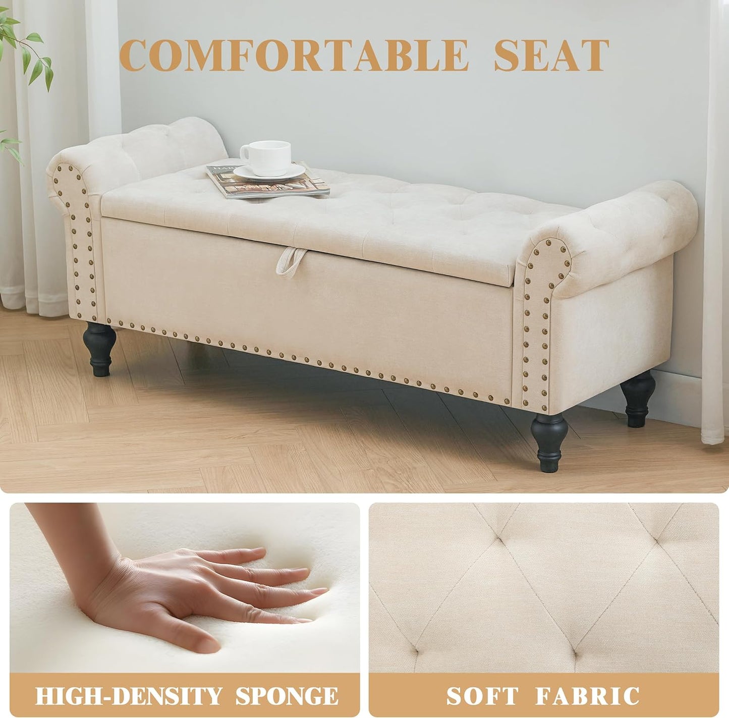 Classic Tufted Storage Bench with Armrests – Upholstered Ottoman Bench