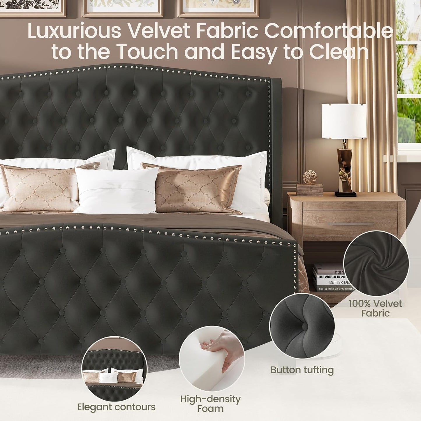 Modern Wingback Tufted Upholstered Queen Size Bed