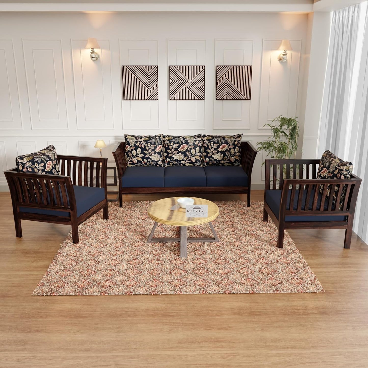Solid Wood 3+1+1 Seater Sofa Set with Cushions