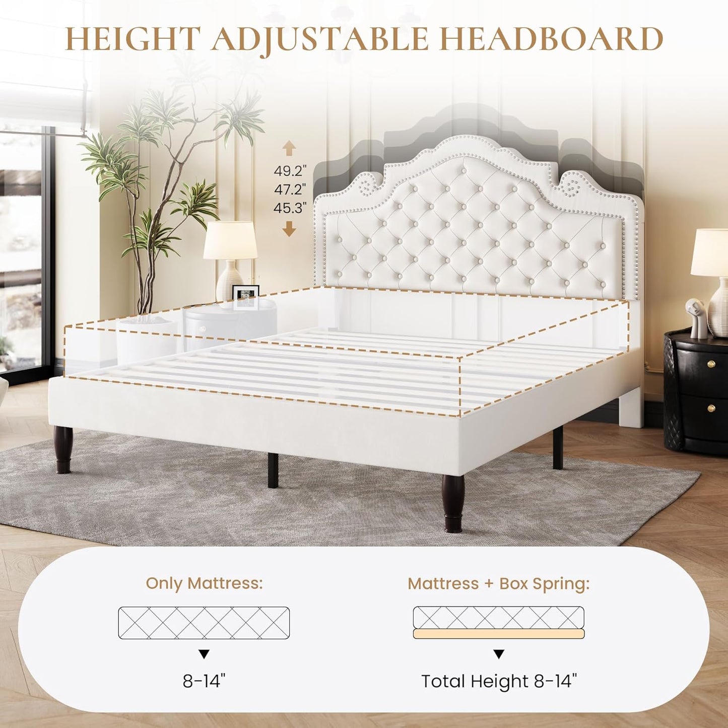 Luxury Tufted Queen Size Upholstered Bed with Curved Headboard