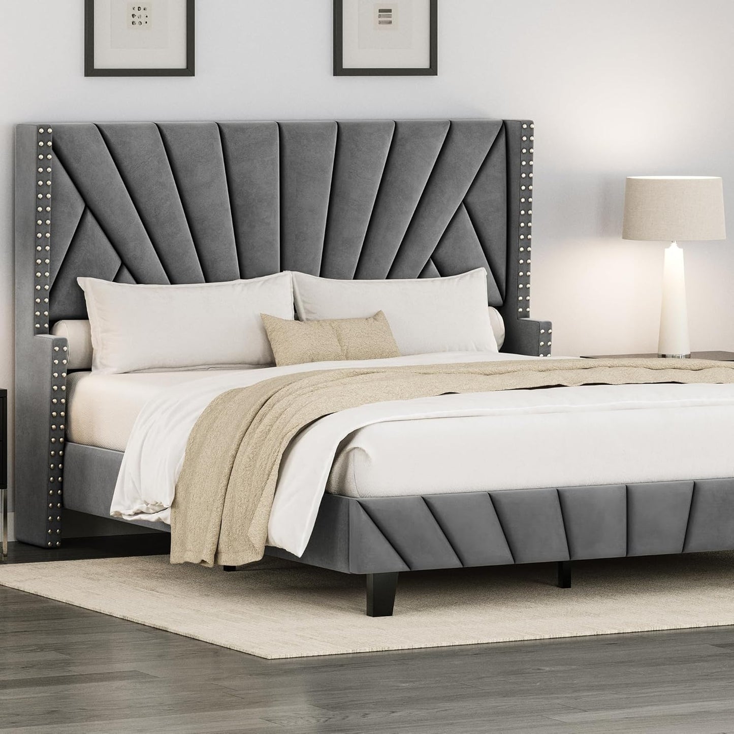 Modern Wingback Queen Size Upholstered Bed | Premium Fabric Bed