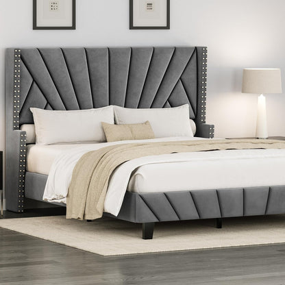 Modern Wingback Queen Size Upholstered Bed | Premium Fabric Bed