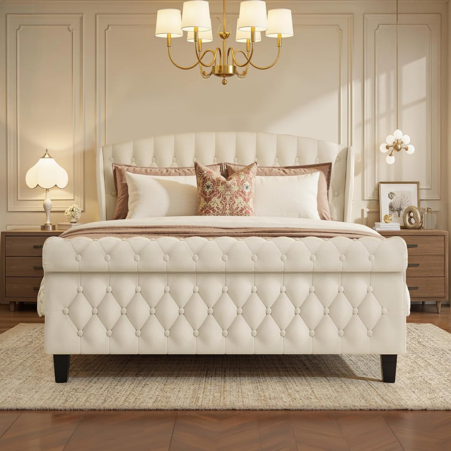 Classic Tufted Queen Size Upholstered Bed | Premium Cream Fabric Platform Bed