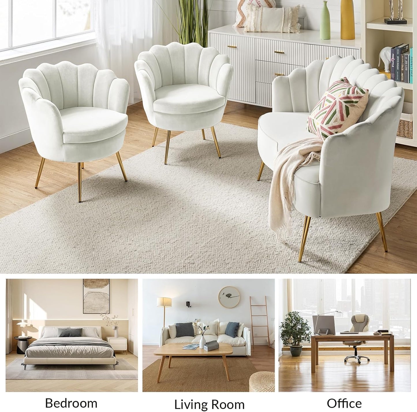 Modern Velvet 3 Piece Sofa Set Barrel Chair Loveseat