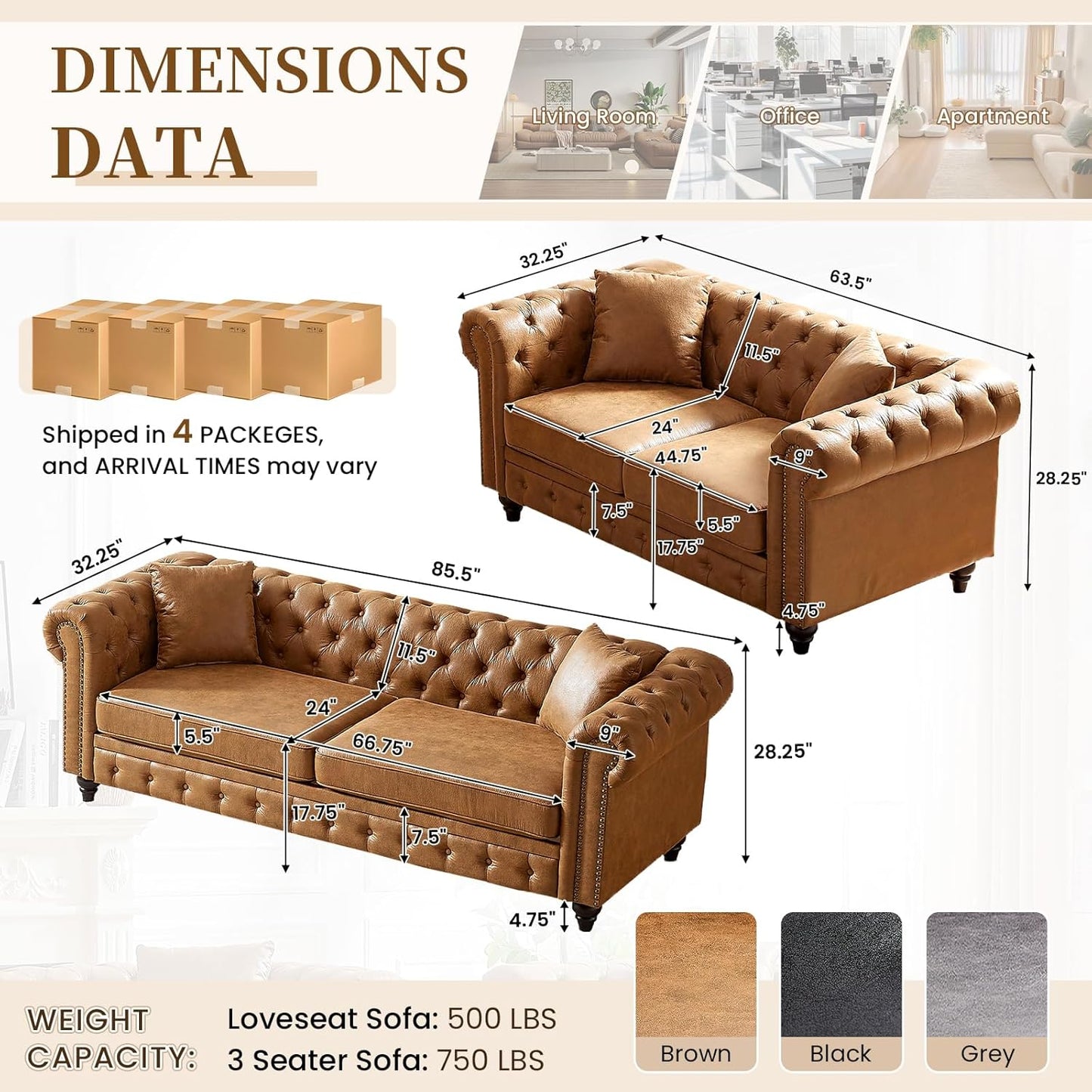 Classic Chesterfield Sofa Set Brown Tufted 3+2 Seater