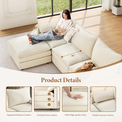 Modern L Shape Fabric Sectional Sofa with Ottoman Cream