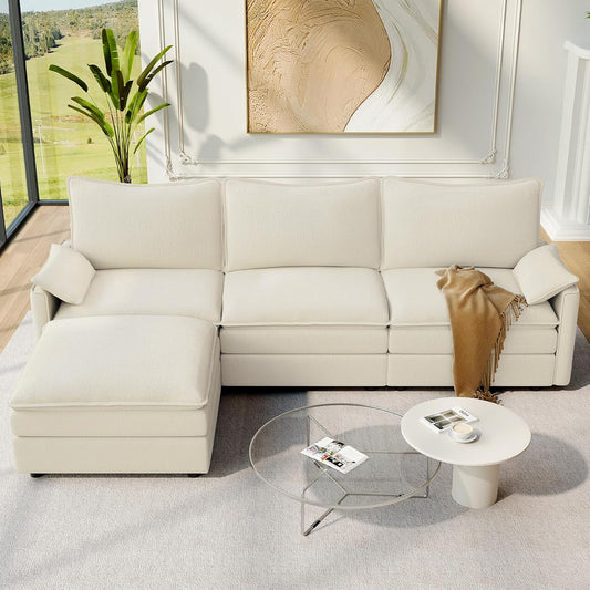 Modern L Shape Fabric Sectional Sofa with Ottoman Cream