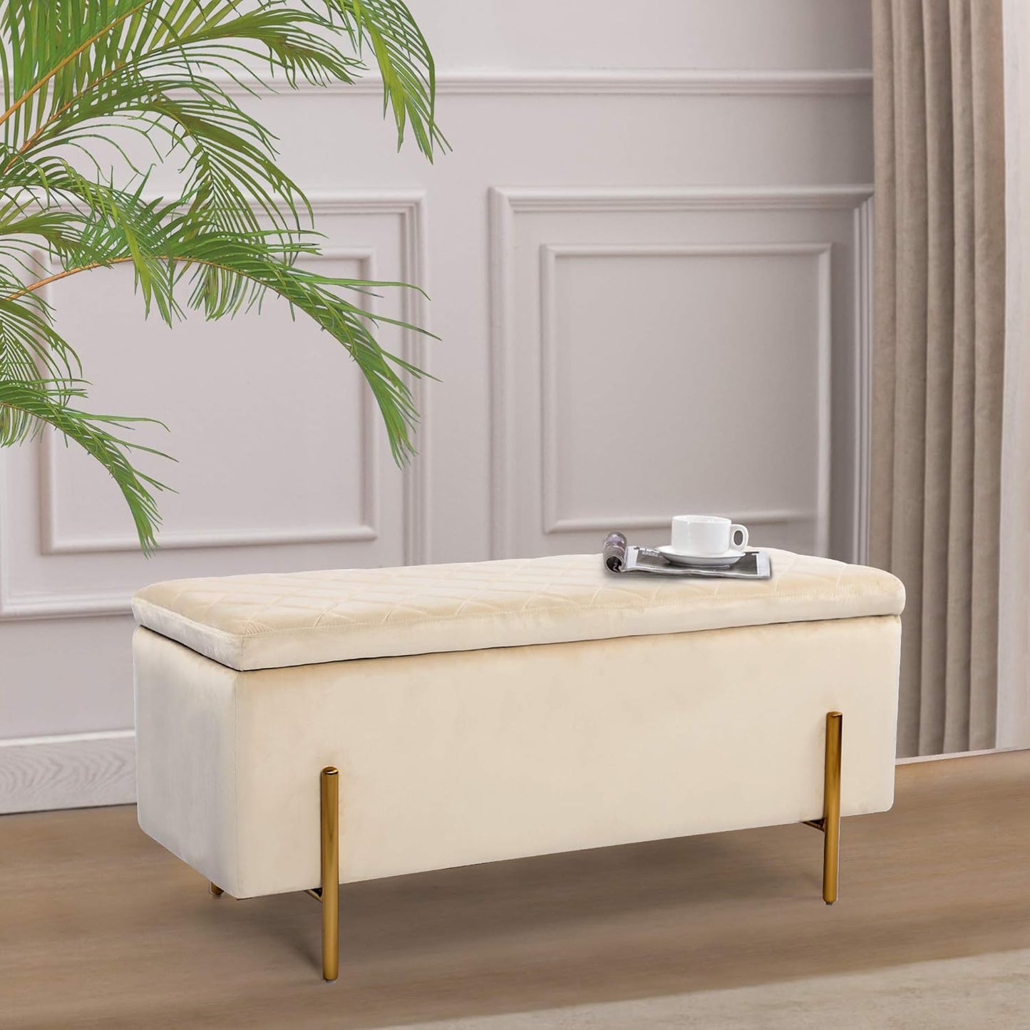Modern Velvet Storage Bench with Gold Legs – Upholstered Ottoman Bench