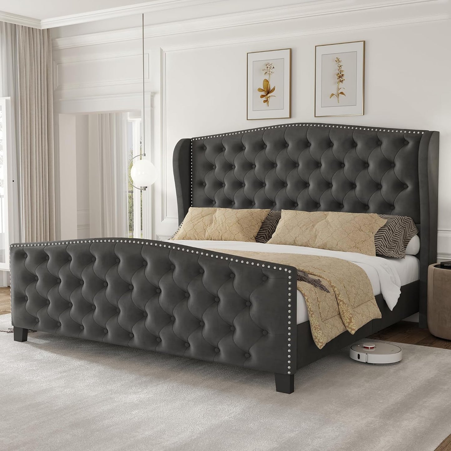 Modern Wingback Tufted Upholstered Queen Size Bed