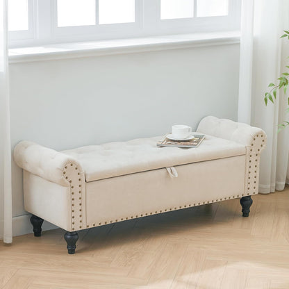 Classic Tufted Storage Bench with Armrests – Upholstered Ottoman Bench