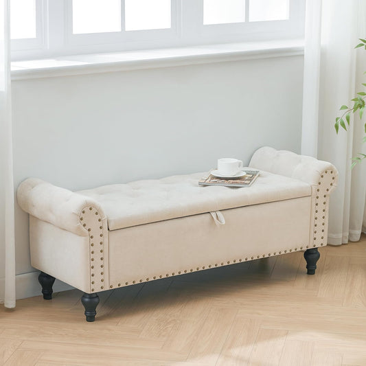 Classic Tufted Storage Bench with Armrests – Upholstered Ottoman Bench
