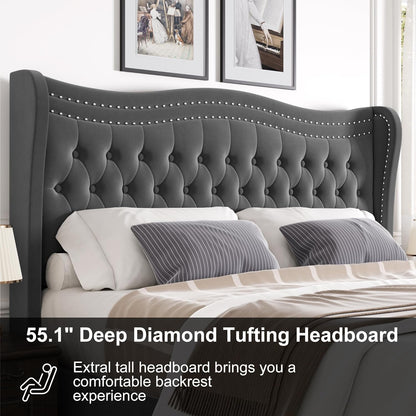 Luxury Upholstered Full Size Bed with Wingback Tufted Headboard
