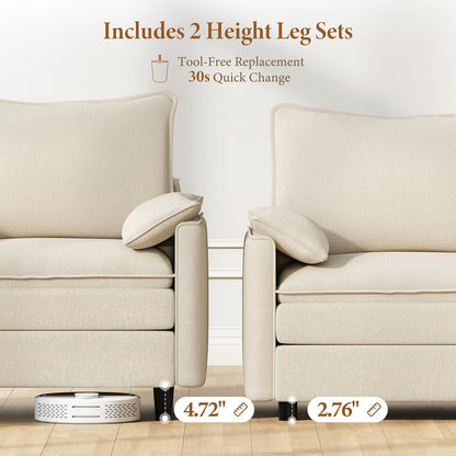 Modern L Shape Fabric Sectional Sofa with Ottoman Cream
