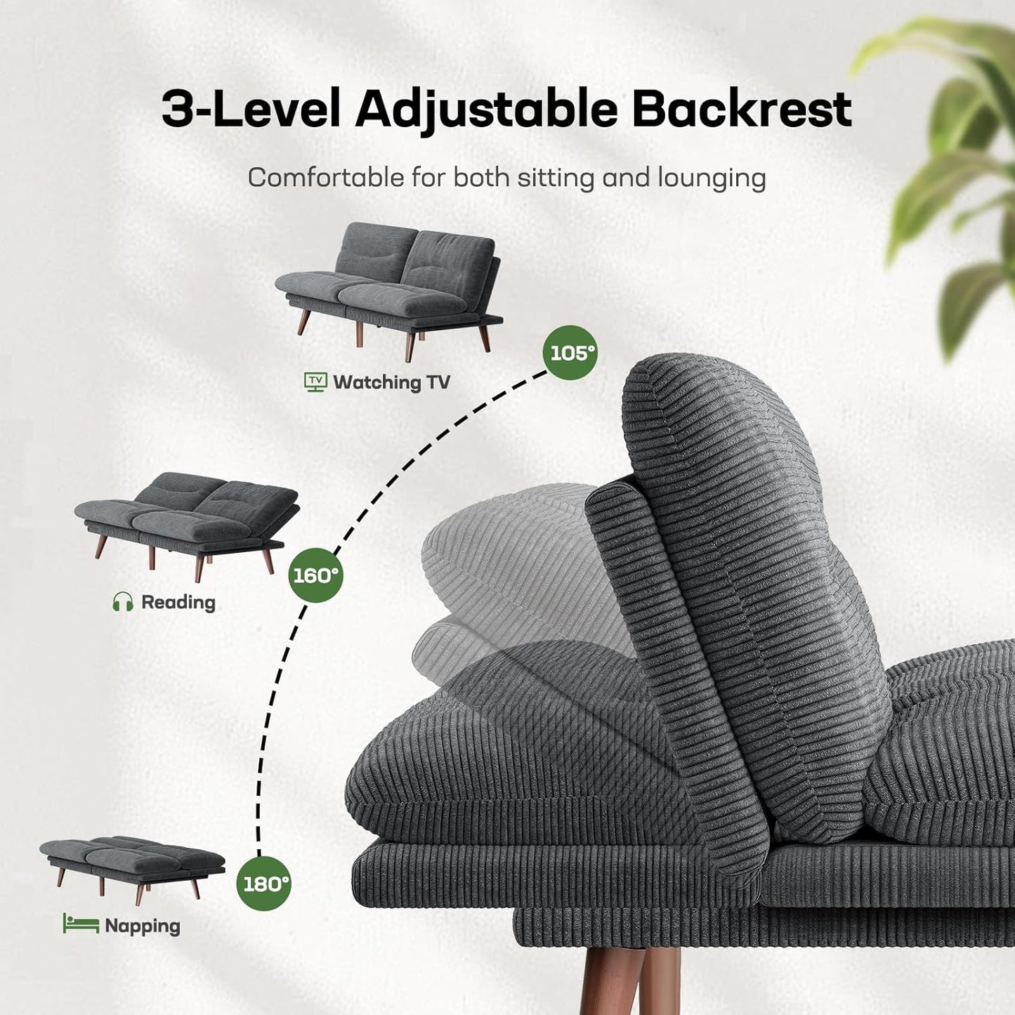 Adjustable Fabric 2 Seater Sofa Bed Futon Couch Gray