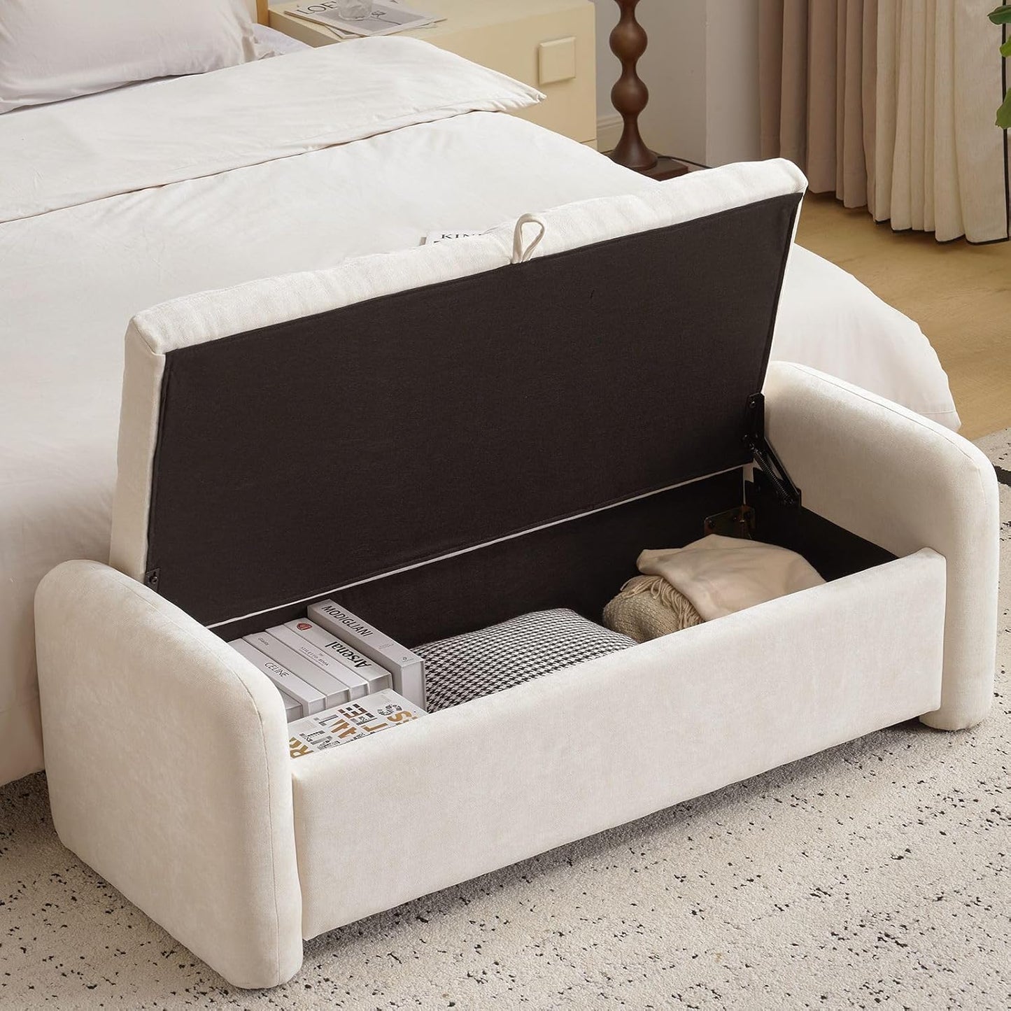 Modern Upholstered Storage Bench with Armrests – Tufted Ottoman Bench