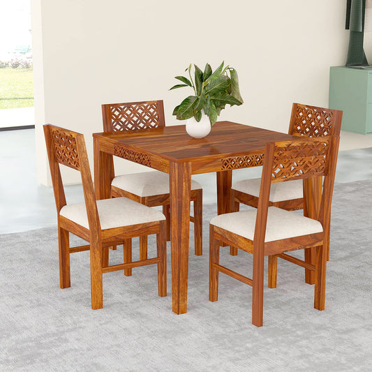 Solid Sheesham Wood 4 Seater Dining Table Set with Cushioned Chairs
