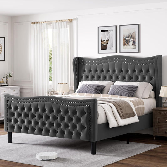 Luxury Upholstered Full Size Bed with Wingback Tufted Headboard