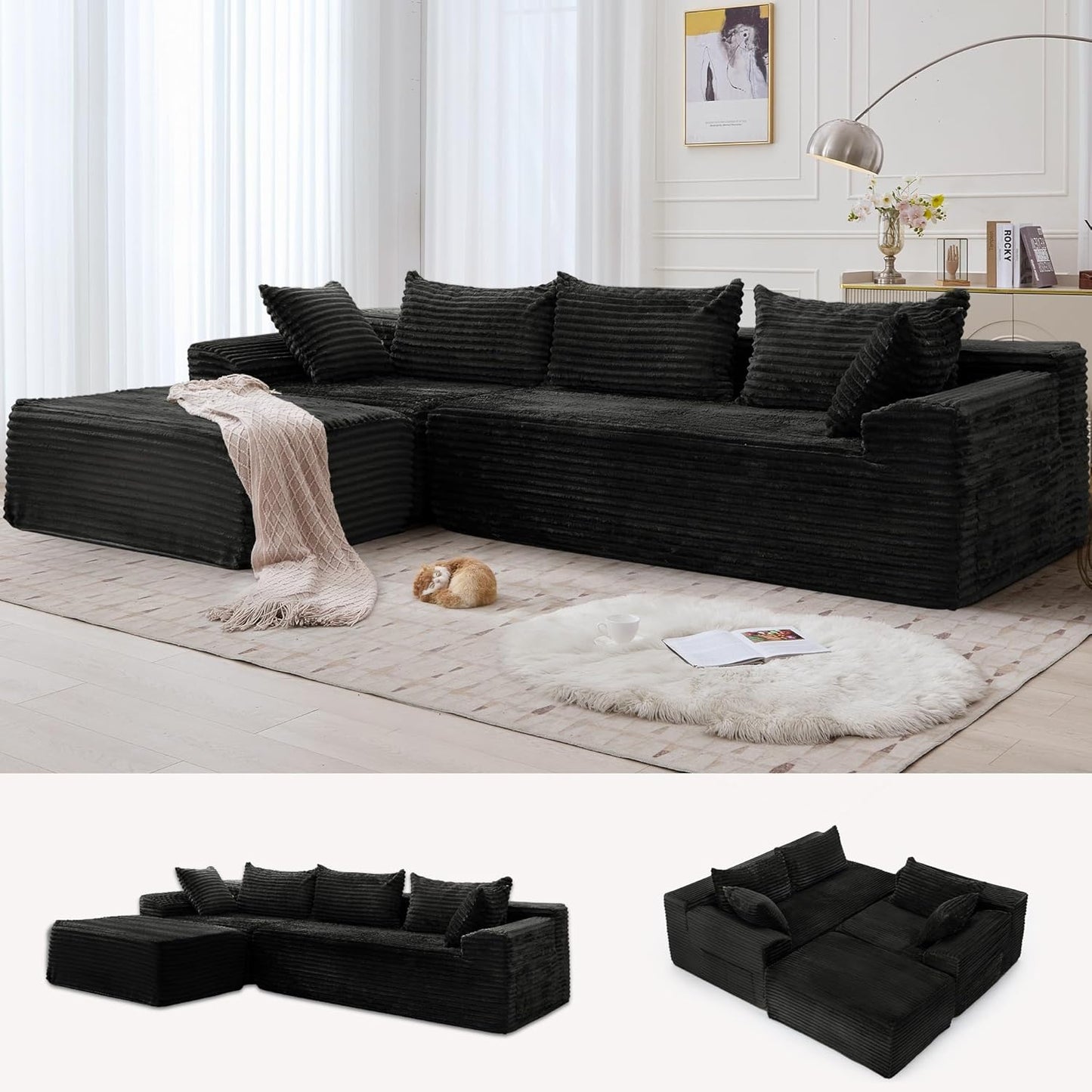 Modern L-Shape Convertible Sectional Sofa with Ottoman – Black Fabric Finish