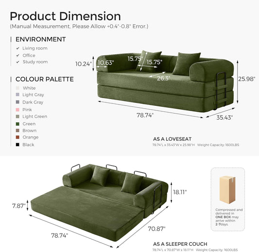 Convertible Fabric Sofa Bed Foldable Sleeper Couch Green