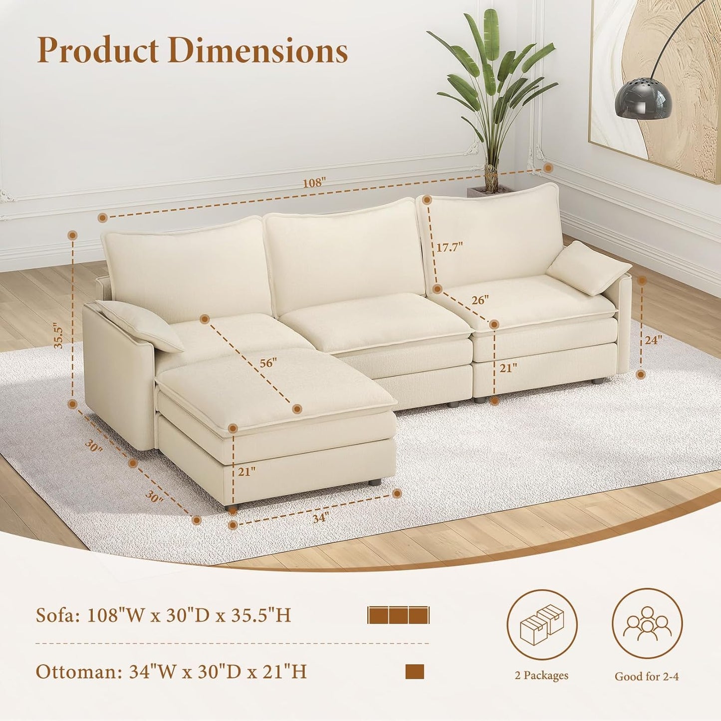 Modern L Shape Fabric Sectional Sofa with Ottoman Cream