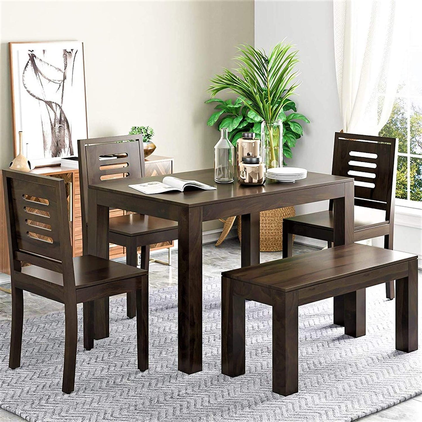 Solid Sheesham Wood 4 Seater Dining Table Set with Chairs & Bench
