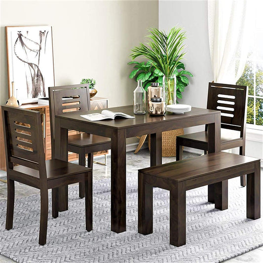 Solid Sheesham Wood 4 Seater Dining Table Set with Chairs & Bench