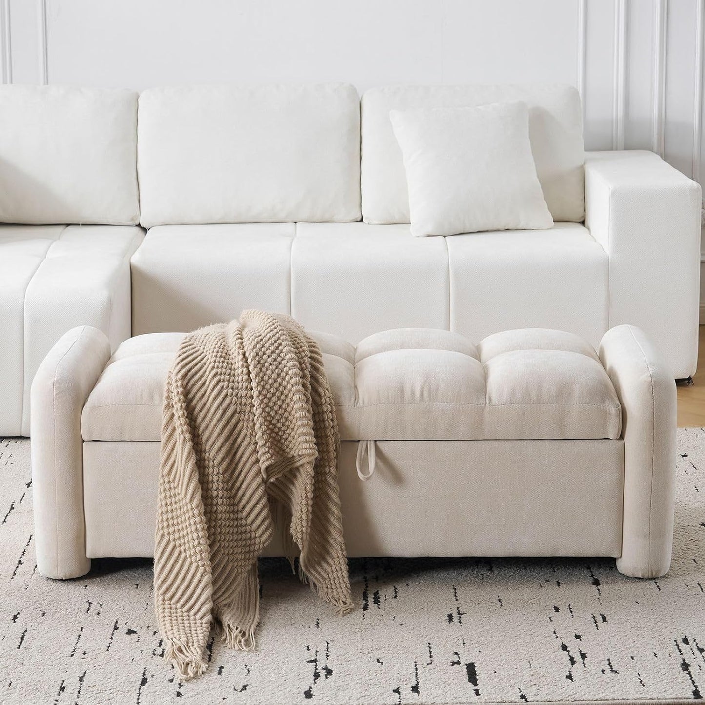Modern Upholstered Storage Bench with Armrests – Tufted Ottoman Bench