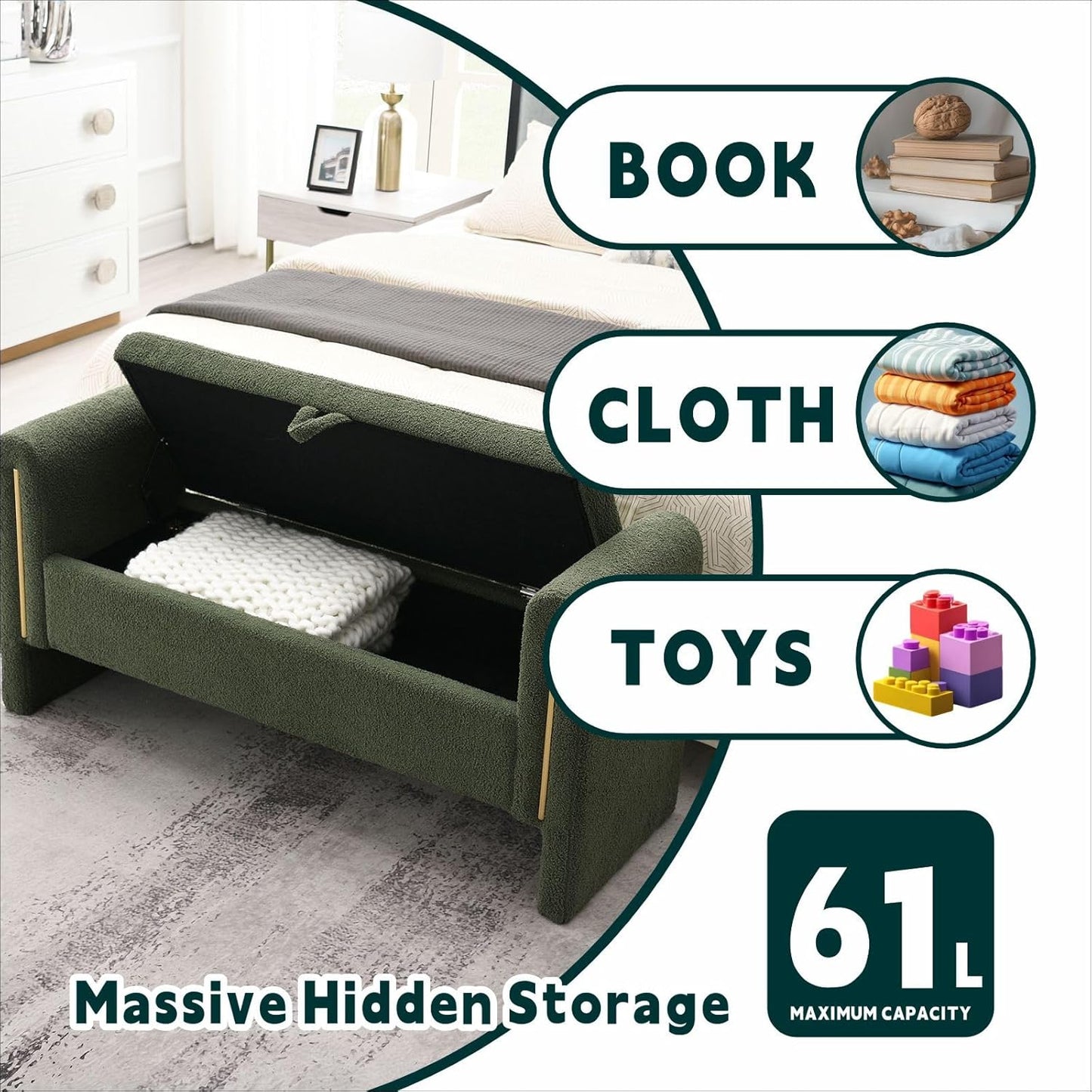 Modern Upholstered Storage Bench with Armrests