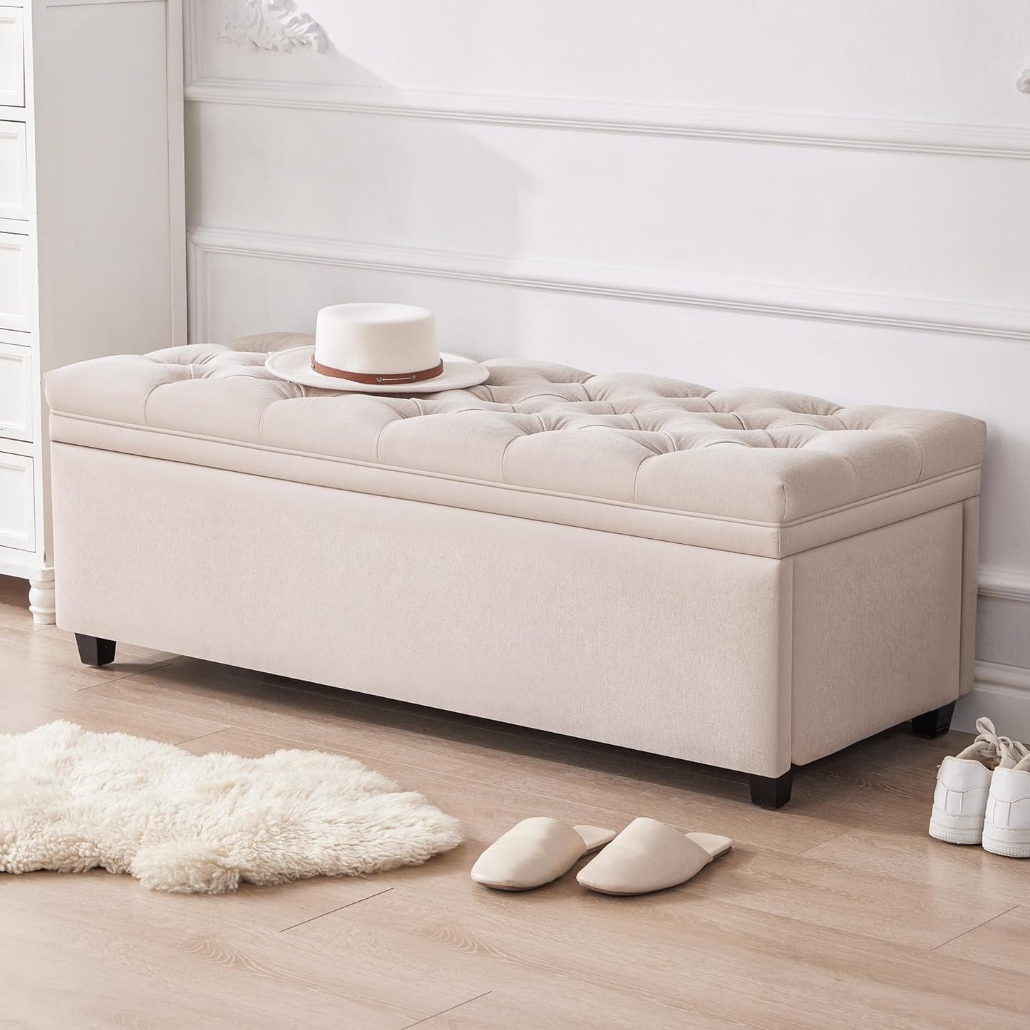 Modern Tufted Upholstered Storage Bench with Hidden Storage – Cream Beige
