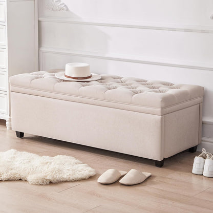 Modern Tufted Upholstered Storage Bench with Hidden Storage – Cream Beige