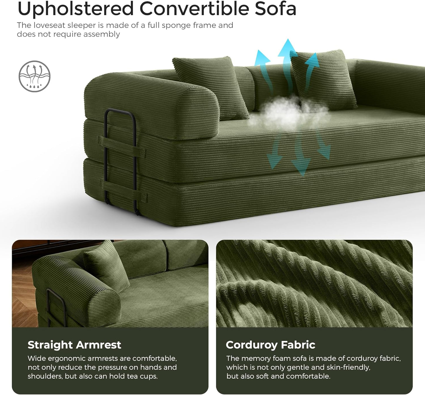 Convertible Fabric Sofa Bed Foldable Sleeper Couch Green