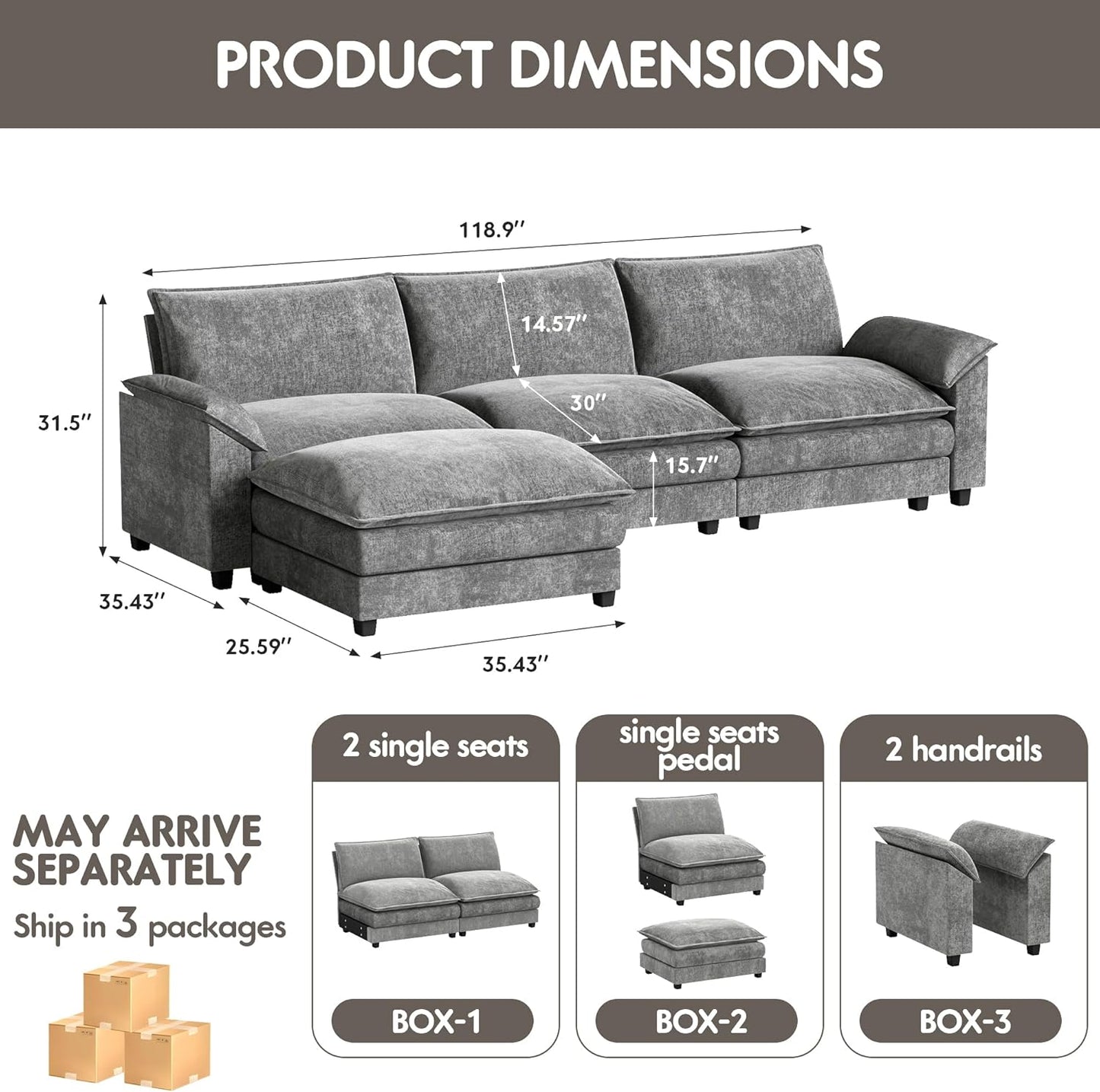 Modern L Shape Sectional Sofa Grey Fabric with Ottoman