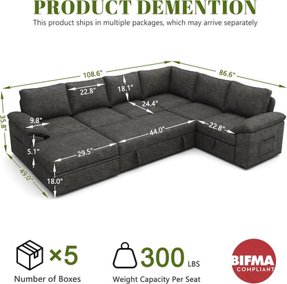 U Shape Sectional Storage Sofa Fabric Modular Couch