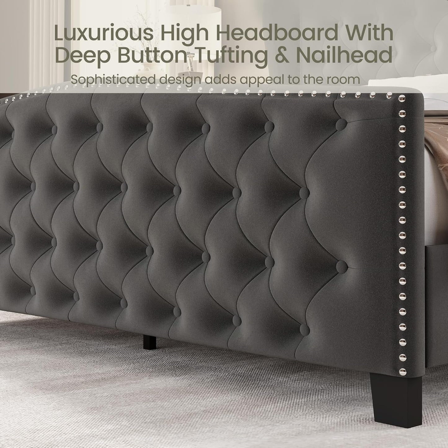 Modern Wingback Tufted Upholstered Queen Size Bed