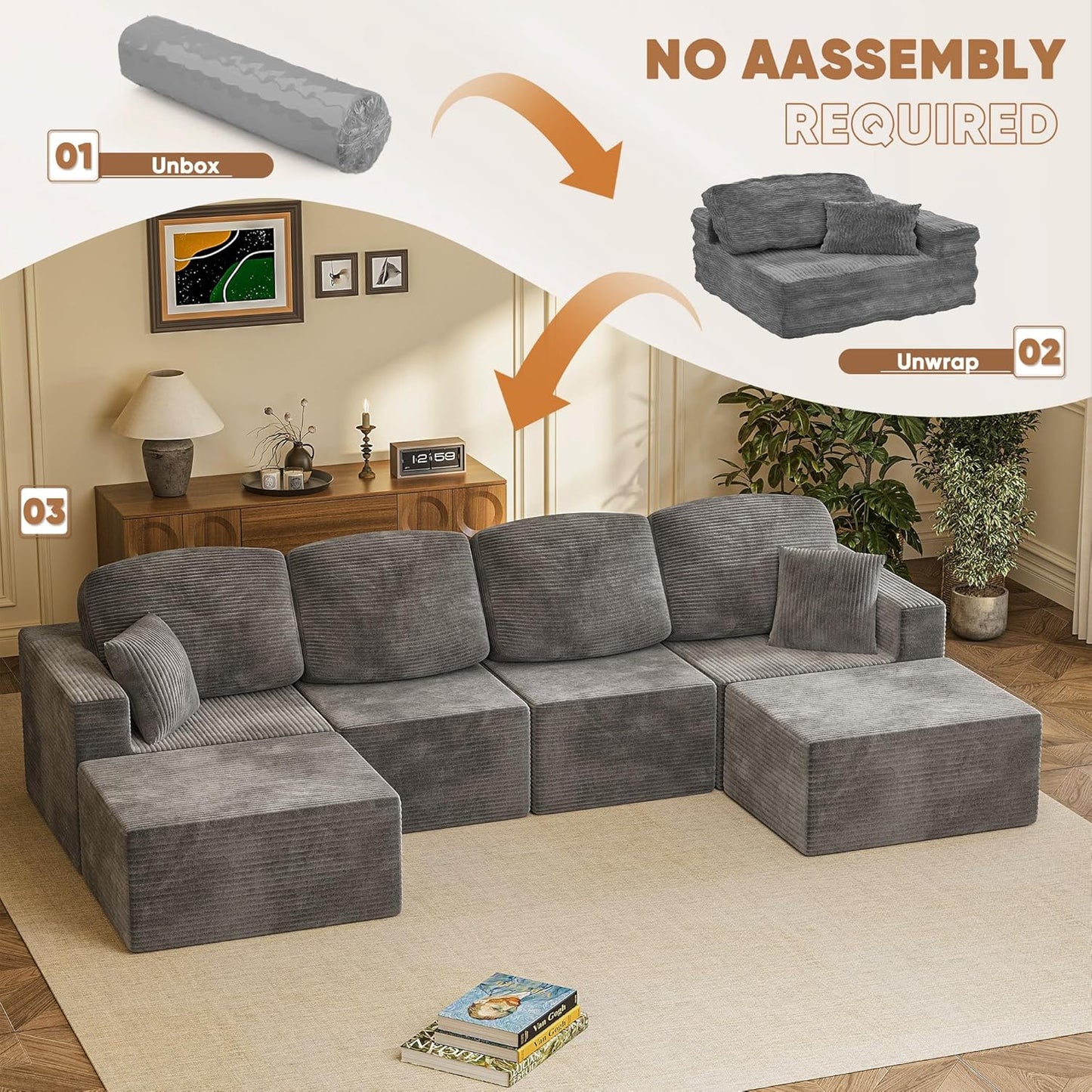Modern U Shape Sectional Sofa Grey Fabric Modular Couch