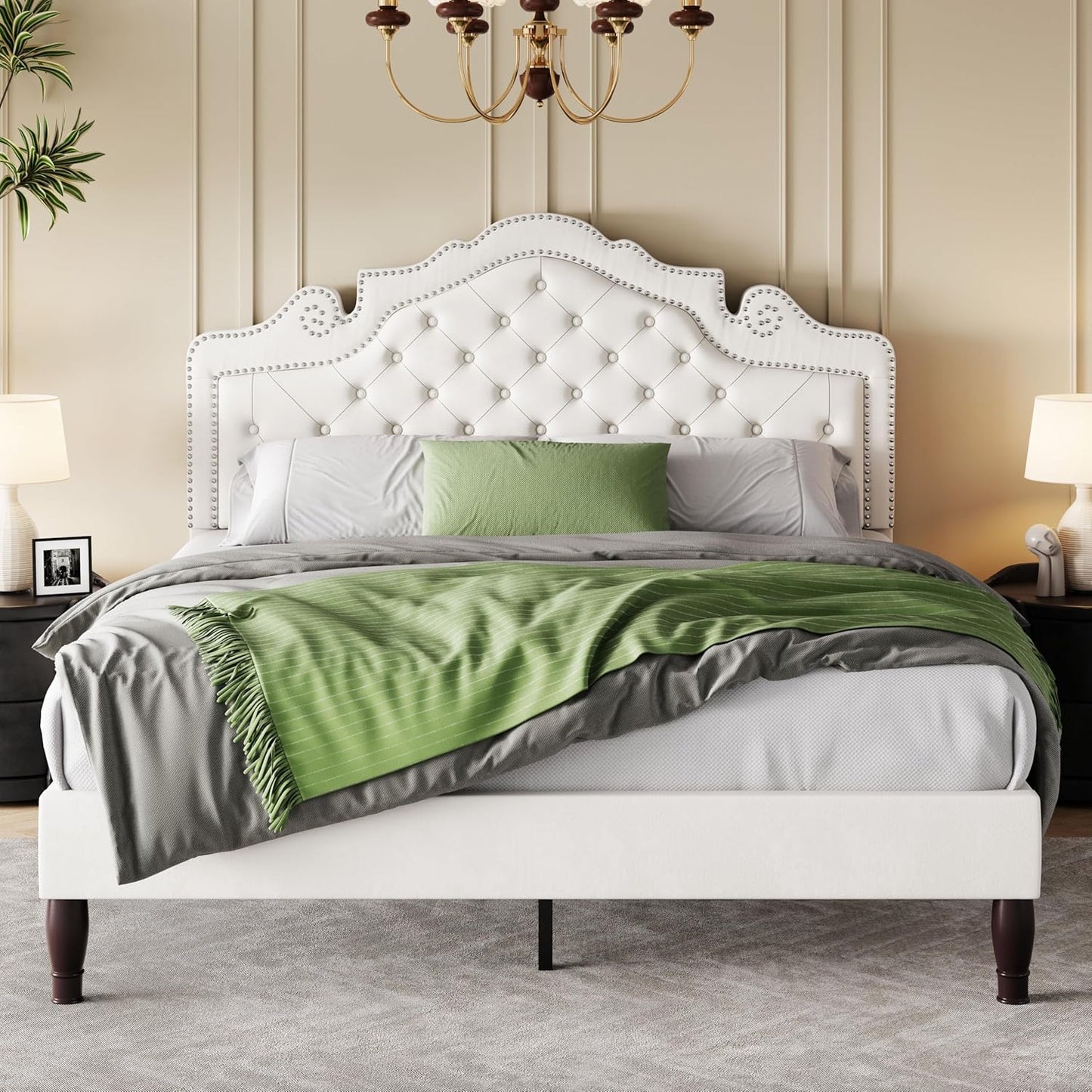 Luxury Tufted Queen Size Upholstered Bed with Curved Headboard